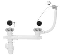 Wirquin 30724346 Kit Bonde Siphon Évier 2 Bacs Ø50 mm à Bouchon | Anti-odeurs, installation facile, accessible si bouchage, siphon réglable, prise machine à laver, fabriqué en France, chromé