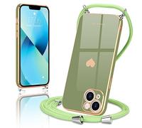 Wirvyuer Coque avec Cordon pour iPhone 13 Coque Ultra Mince Silicone Souple Étui en Motif Coeur avec Chaîne Collier Réglable Téléphone Portable Lanyard Case pour iPhone 13 Vert Clair