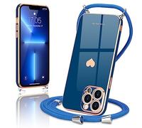 Wirvyuer Coque avec Cordon pour iPhone 13 Pro Max Coque Ultra Mince Silicone Souple Étui en Motif Coeur avec Chaîne Collier Réglable Téléphone Portable Lanyard Case pour iPhone 13 Pro Max Bleu