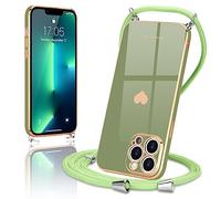 Wirvyuer Coque avec Cordon pour iPhone 13 Pro Max Coque Ultra Mince Silicone Souple Étui en Motif Coeur avec Chaîne Collier Réglable Téléphone Portable Lanyard Case pour iPhone 13 Pro Max Vert Clair
