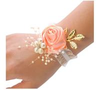 Wisafory 2 Pièces Bracelet de Poignet Corsage Fleurs Bracelet de Mariée et Demoiselle d'honneur Fleur de Main Seidenblume avec Perle pour Mariage Banquets Bal de Fin d'année Orange 2pcs