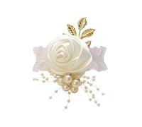 Wisafory Bracelet de poignet en forme de bouquet de fleurs, feuilles de mariée, demoiselle d'honneur, fleur en soie avec perles, accessoires pour mariage, banquet de remise de diplôme, etc. 1 pièce