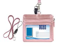 Wisdompro Porte Badge PU Cuir, avec 1 Fente pour Carte d’identité, 4 Fentes pour cartes, 1 Poche Zippée sur le Côté et 1 Cordon Tour de Cou de 50,8 cm pour l'Infirmière, Femme- Or Rose Horizontal