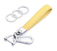 Wisdompro Porte-clés de voiture en cuir véritable, universel et robuste, pour femmes, rotation à 360 degrés, avec anneau en D anti-perte et 3 porte-clés, jaune