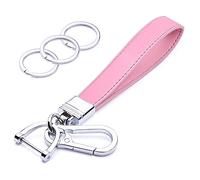 Wisdompro Porte-clés de voiture en cuir véritable, universel et robuste, pour femmes, rotation à 360 degrés, avec anneau en D anti-perte et 3 porte-clés, rose