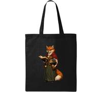 Wise Fox Scholar Holding Ancient Books Sac fourre-tout en coton naturel Noir