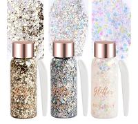 Wisebom Body Glitter Gel, 3 Boîtes de Liquide à Paillettes Holographiques Paillette Maquillage Gel pour le Visage, le Corps, les Cheveux Fête d'anniversaire Festive (or, argent et blanc)