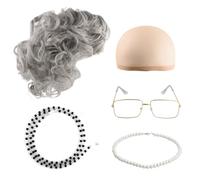 Wisebom Ensemble de Cosplay de Grand-Mère, 5Pcs Costumes de Vieille Dame avec Perruque de Mamie Grise Argent avec Bonnet, Perle Collier, Lunettes avec Chaîne pour Mascarade Carnaval