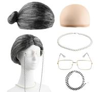 Wisebom Ensemble de Cosplay de Grand-Mère, 5Pcs Costumes de Vieille Dame avec Perruque de Mamie Grise avec Bonnet, Perle Collier, Lunettes avec Chaîne pour Mascarade Carnaval