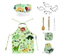 Wisebom Ensemble de Cuisine Enfant Costume de Chef, 11Pcs Dinosaure Tablier Toque de Chef Gants Rouleau à Pâtisserie, Kit Pâtisserie Enfant Jouets de Cuisine pour Garçons Filles (Vert)