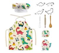 Wisebom Ensemble de Cuisine Enfant Costume de Chef, 11Pcs Dinosaure Tablier Toque de Chef Gants Rouleau à Pâtisserie, Kit Pâtisserie Enfant Jouets de Cuisine pour Garçons Filles (Blanc)