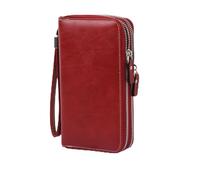 Wisebom Portefeuille en Cuir Grande, Portefeuille Long en Cuir PU avec 14 Emplacements Blocage RFID, Portefeuille Cuir Vintage avec 2 Fermeture Éclair et Dragonne Unisexe (Rouge Rétro)