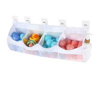 Wisebom Sac de Rangement pour Jouets de Baignoire, Organisateur de Jouets de Salle de Bain avec 4 Compartiments et 5 Crochets Adhésifs, Filet de Rangement pour Jouets de Bain Filet Jouets Bébé, Blanc