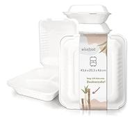 Wisefood Lot de 100 boîtes à repas jetables en canne à sucre - 3 compartiments - Avec couvercle à charnière - Idéales pour les repas - Biodégradables - Sans PLA/PE - 43,6 x 20,3 x 4,6 cm
