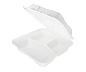 wisefood Lot de 200 bols jetables en canne à sucre - Blanc - 20 x 22 x 8,5 cm - Boîtes à repas 3 chambres avec couvercle à charnière - Vaisselle en canne à sucre biodégradable sans PLA/PE