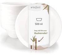 wisefood Lot de 50 bols à soupe jetables en bagasse - Ronds - Blanc - 500 ml - En carton jetables - Idéal pour les frites ou la salade - Vaisselle en canne à sucre bio sans PLA/PE