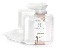 Wisefood Lot de 50 bols jetables en canne à sucre, en bagasse, blanches, avec couvercle à rabat, idéales pour emporter, vaisselle en canne à sucre biodégradable, sans PLA/PE 46 x 20,3 x 4,6 cm