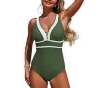 WISEHUBY Maillot de bain d'été col en V, bordure dentelée, plissé, contrôle du ventre une pièce maillot de bain de plage coupe haute pour femmes-vert armée-S