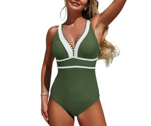 WISEHUBY Maillot de bain d'été col en V, bordure dentelée, plissé, contrôle du ventre une pièce maillot de bain de plage coupe haute pour femmes-vert armée-S