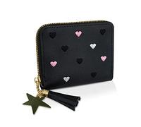 WisePoint Portefeuille pour Femme, Porte Monnaie Femme Cuir Portefeuilles et Porte-Cartes Femme, Porte Chequier Femme avec Motif Coeur Brodé et Fermeture à Glissière (Noir)