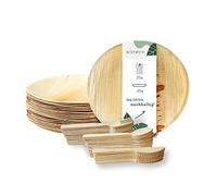 wiseware Lot de 100 assiettes en feuille de palmier, 25 couteaux, fourchettes et cuillères - Jetables en feuille de palmier et bois de bouleau - Alternative au bambou et plastique biodégradable