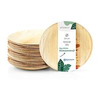 Wiseware Lot de 100 assiettes jetables rondes en feuille de palmier biodégradables - Vaisselle de fête compostable - Vaisselle jetable bio - Ø 23 cm