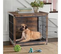 WISFOR Cage de luxe pour chiens en bois massif et métal, box pour chiens avec bac de fond amovible et 2 portes, cage de transport cage métallique, 63x51x59cm