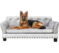 WISFOR Canapé pour animaux domestiques avec dossier, canapé pour chien avec structure en bois, tapis pour chien Lit pour chien, L : 95 x 70 x 40 cm