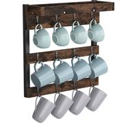 WISFOR Porte-tasses avec 12 crochets Étagère suspendue Porte-café Étagère à tasses Mur d'affichage Rangement de cuisine rustique Rack pour décor de ferme