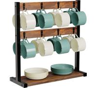 WISFOR Porte-tasses avec 16 crochets Porte-café Étagère à tasses Présentoir Cuisine rustique Rack de rangement pour ferme reconstituée