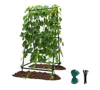 WISFOR Treillis pour concombre, treillis en forme de A avec piquets de terre, treillis de jardin en métal avec filet, treillis pour plantes grimpantes, 105 x 105 x 176 cm