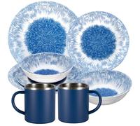 Wish Flower Service de vaisselle en mélamine pour 2 personnes - 8 pièces - Avec tasses thermiques en acier inoxydable - Motif pissenlit - Aspect pierre - Passe au lave-vaisselle - Accessoire de