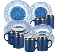 Wish Flower Service de vaisselle en mélamine pour 6 personnes - 24 pièces - Avec tasses thermiques en acier inoxydable - Motif pissenlit - Aspect pierre - Passe au lave-vaisselle - Accessoire de