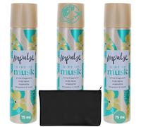 Wishesla Impulse Lot de 3 sprays déodorants pour femme avec une touche de musc 75 ml et des pochettes cosmétiques noires pour articles de toilette (touche de musc)