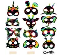 Wishstar 48 Pcs Masques à gratter pour Enfants, Scratch Art Motifs Animaux, avec 48 Cord élasticité et 12 Stylets en Bois, pour activités de fête, Anniversaires d'enfants et Jeux Amusants.