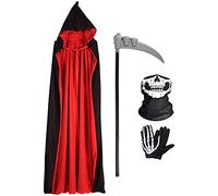Wishstar Capuche Cape Halloween, Halloween Deguisement Vampire, Costume Halloween Rouges Noires, Capes d'halloween Masque Gants Squelette Faucille pour Unisexe Halloween Fête Cosplay