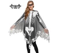 WISHTEN Halloween Skeleton Poncho for Women, Lace Skeleton Cape Shawl with Bat Mask, Halloween Costume for Women