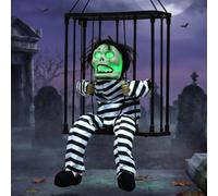 WishTip Décorations d'Halloween animées fantôme en cage avec lumière et son - Décoration de prisonnier parlant effrayant pour porte d'entrée, terrasse, cour, fête d'Halloween, décoration de maison