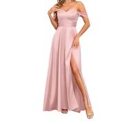 WISIYLE Robes de demoiselle d'honneur en satin pour mariage épaules dénudées plissées une ligne formelle soirée robe maxi avec fente WQL016, rose, 50 Grande taille