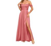 WISIYLE Robes de demoiselle d'honneur en satin pour mariage épaules dénudées plissées une ligne formelle soirée robe maxi avec fente WQL016, corail, 50 Grande taille