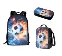 Wismoutput Cartable 3 en 1 pour garçons et filles - Sac à dos léger 3 pièces - Boîte à déjeuner - Trousse à crayons pour l'école primaire, Ballon de football Fire Lightning