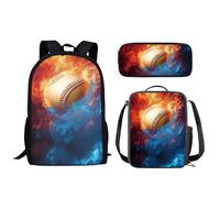 Wismoutput Cartable 3 en 1 pour garçons et filles - Sac à dos léger 3 pièces - Boîte à déjeuner - Trousse à crayons pour l'école primaire, Fire Baseball