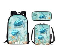 Wismoutput Ensemble cartable 3 pièces pour enfants, filles et garçons, grand sac à dos pour ordinateur portable, sac à déjeuner et trousse à crayons pour l'école primaire, Tortue bleue.