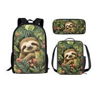 Wismoutput Ensemble cartable 3 pièces pour enfants, filles et garçons, grand sac à dos pour ordinateur portable, sac à déjeuner et trousse à crayons pour l'école primaire, Paresseux tropical