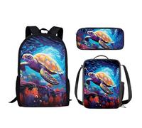 Wismoutput Ensemble cartable 3 pièces pour enfants, filles et garçons, grand sac à dos pour ordinateur portable, sac à déjeuner et trousse à crayons pour l'école primaire, Tortue de mer.