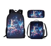 Wismoutput Ensemble de cartable pour garçons et filles - Sac à dos durable isotherme - Trousse à crayons pour l'école primaire, Loup nuit étoilée