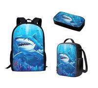 Wismoutput Ensemble de cartable pour garçons et filles - Sac à dos durable isotherme - Trousse à crayons pour l'école primaire, Requin bleu