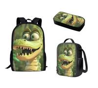 Wismoutput Ensemble de cartable pour garçons et filles - Sac à dos durable isotherme - Trousse à crayons pour l'école primaire, Crocodile de dessin animé