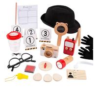 wisoolkic Kit scientifique STEM, loupe, cahier : stimulez l’imagination des jeunes enfants avec un costume de détective et des accessoires de jeu rôle en bois. Idéal pour le camping, la randonnée et