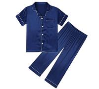 WISREMT Satin Pyjama Ensembles pour Filles Garçons À Manches Courtes Bouton vers Le Bas Pyjama Set 2 Pcs Soyeux Vêtements De Nuit Vêtements De Nuit Vêtements D’intérieur Ensemble De Vêtements